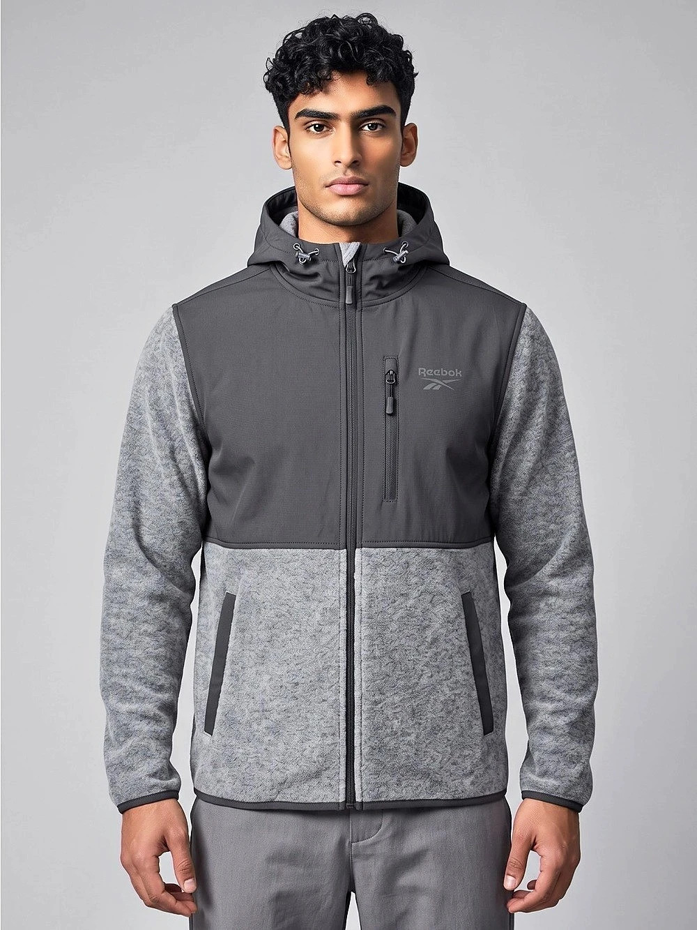 NWT 2XL Reebok Sweater Fleece Climb Jacket Gray Black Hooded Full Zip